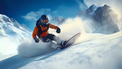 Foto auf Acrylglas Thrilling snowboarding adventures on mountain slopes: An extreme sporting experience.  © XXXX