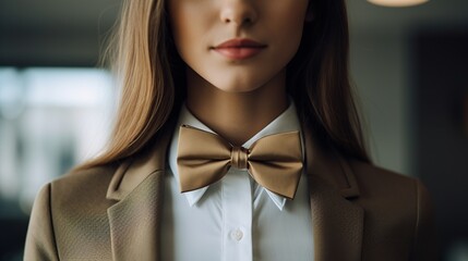 Close-up of a woman in a suit with a bow tie
