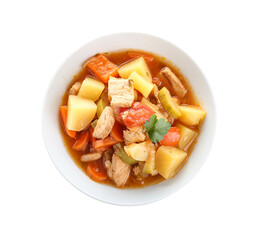 Bowl with delicious beef stew and parsley on white background