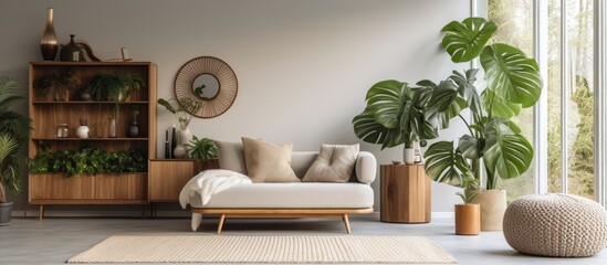 Stylish Scandinavian home interior with retro furniture, tropical plant, window, and elegant accessories in modern decor.