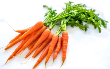 beautiful fresh carrots, white backgorund, isolated, bright lightning, vibrant colors.