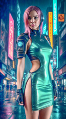 Naklejka premium Embracing innovation and style, this modern muse takes to the urban streets in a futuristic ensemble