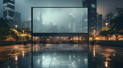 Buildings, night or mockup for advertising billboard, commercial product or logo design in city. Empty poster for brand marketing, multimedia or communication space with announcement, urban or banner - obrazy, fototapety, plakaty