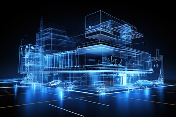 3D rendering of a wireframe building on a dark background. 