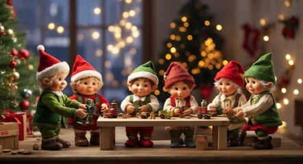 Miniature version of Santa Claus's workshop with elves working on toys and decorations. It is a charming and detailed representation of the magic of Christmas. Bokeh blur and Christmas spirit