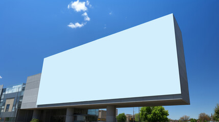 Fototapeta premium Building, mockup space and advertising billboard, commercial product or logo design in city. Empty poster for brand marketing, multimedia and communication with announcement, urban and banner outdoor