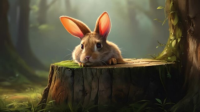 Closeup animation of a mischievous Rabbit peeking out from behind a tree stump. .