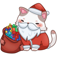 cat Santa claus with gift bag in red suit