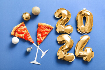 Figure 2024 made of balloons, delicious pizza slices and Christmas balls on blue background