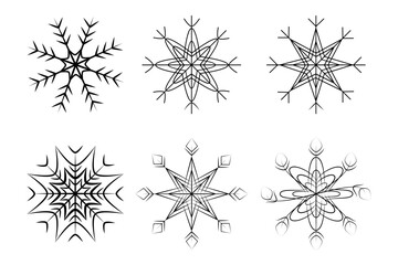 Set of 6 abstract patterned snowflakes. Design elements for Christmas or New Year greeting and cards