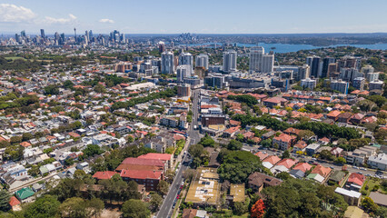 Aerial drone view of Bondi Junction in the Eastern Suburbs of Sydney, NSW Australia with Sydney...