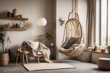 A cozy corner with a hanging chair, a floor lamp, and a small side table for a warm drink