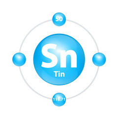 Tin (Sb) Icon structure chemical element round shape circle light blue with surround ring. Period number shows of energy levels of electron. Study science for education. 3D Illustration vector.