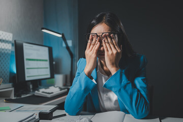 Asian woman is stressed while working on laptop, tired asian businesswoman with headache at office, feeling sick at work, Stressed mature businesswoman looking worried.