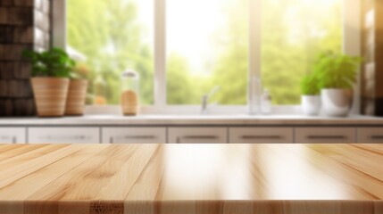 Fototapeta na wymiar Wooden table on blurred kitchen bench background, Advertisement, Print media, Illustration, Banner, for website, copy space, for word, template, presentation
