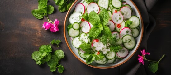 Obraz na płótnie Canvas Top view of a fresh cucumber, radish, and herb salad.