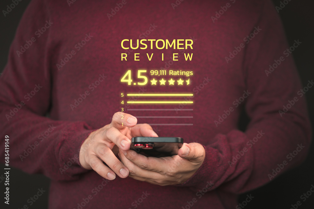 Poster customer using a smartphone give point 4.5 stars icon for feedback review satisfaction service opini