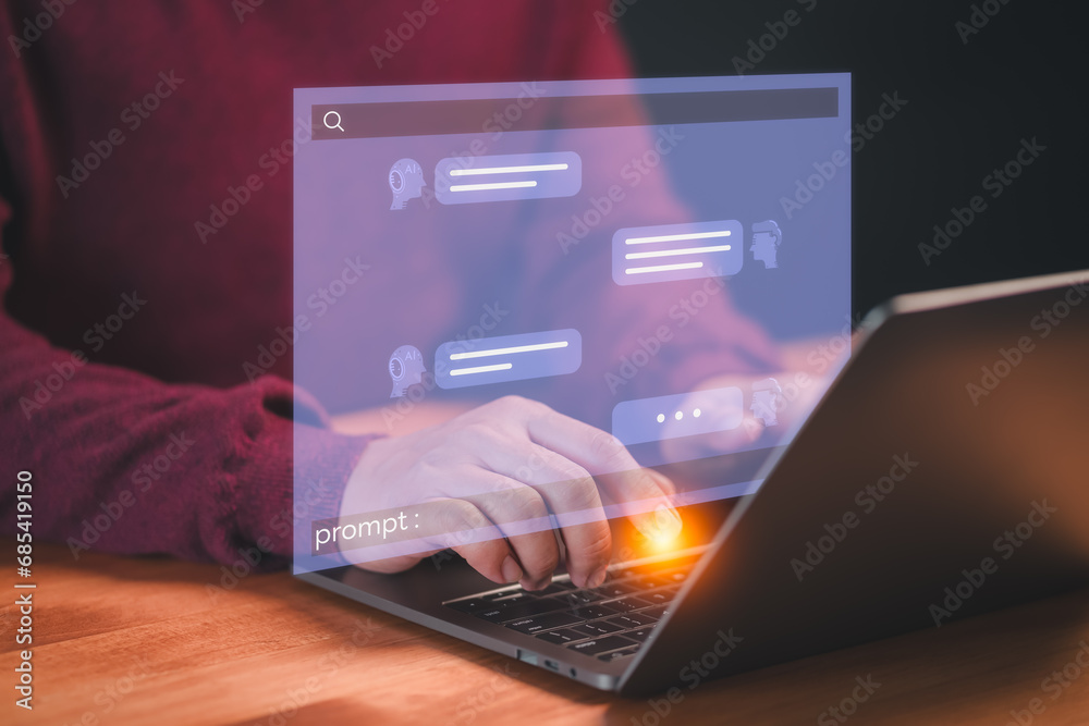 Poster Adult man use a laptop with technology smart robot AI chatbot for chat. Artificial intelligence by enter command prompt for generates something, Futuristic technology transformation.