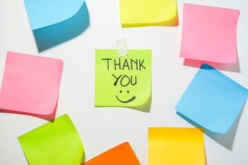 Motivational words for personal development, thank you, inspirational handwriting on sticky notes