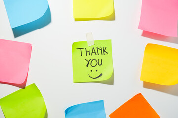 Motivational words for personal development, thank you, inspirational handwriting on sticky notes