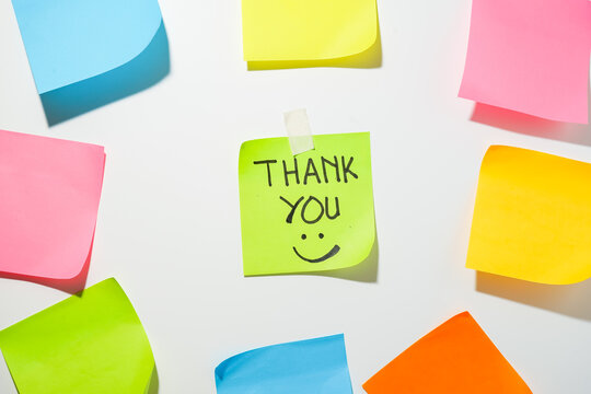 Motivational words for personal development, thank you, inspirational handwriting on sticky notes