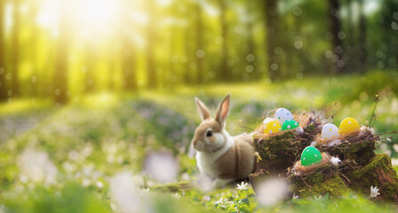 Easter greeting card with copy space for text - view of the little rabbit with a basket full of Easter eggs in the spring forest - obrazy, fototapety, plakaty