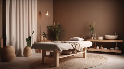 Massage table. Stylish room interior with massage table in spa salon, 3d render. Decor concept. Real estate concept. Art concept. Design concept. Interior concept.