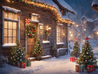 Front of house decked out with Christmas trees and gifts in the snow, Generative ai.