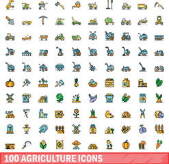 100 agriculture icons set. Color line set of agriculture vector icons thin line color flat on white