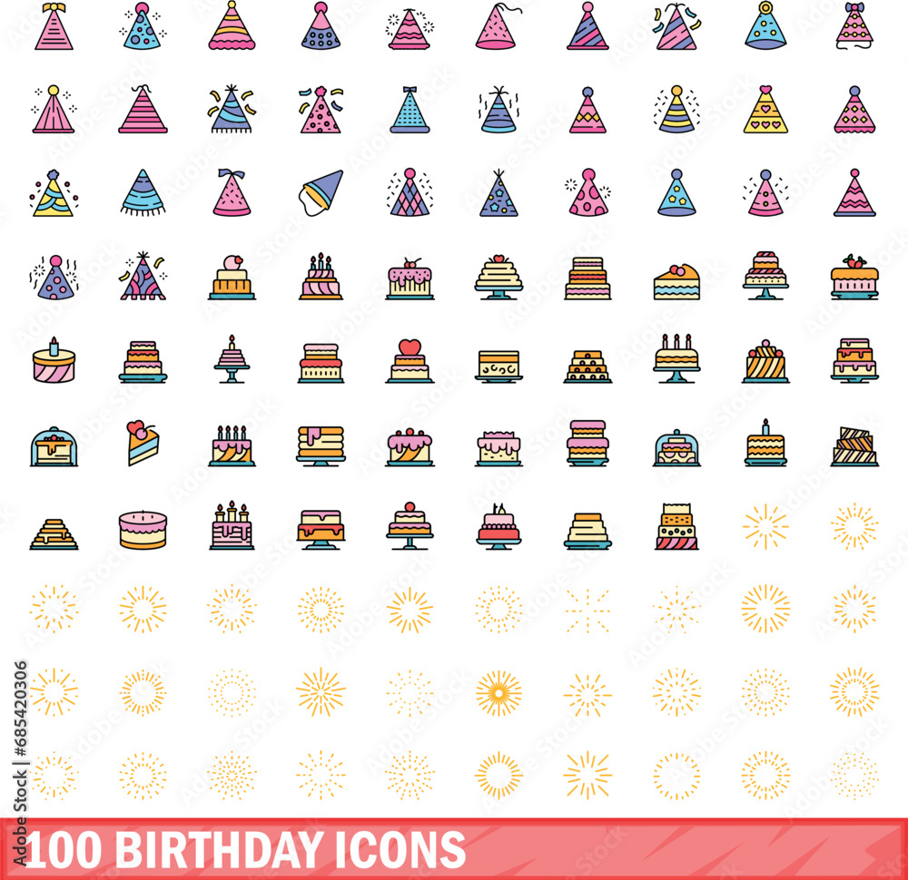 Wall mural 100 birthday icons set. color line set of birthday vector icons thin line color flat on white - Wall murals