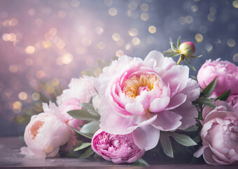 beautiful pink peony and rose flowers floral background - obrazy, fototapety, plakaty