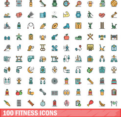 100 fitness icons set. Color line set of fitness vector icons thin line color flat on white