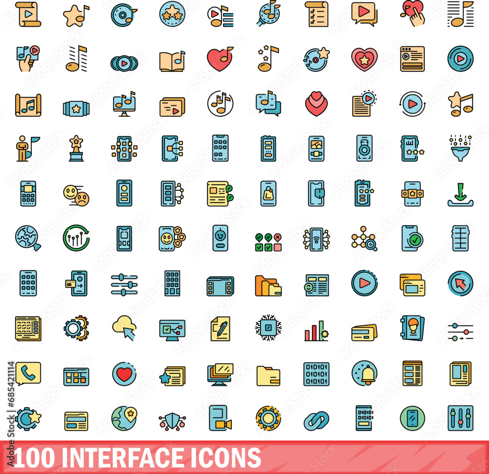 Poster 100 interface icons set. color line set of interface vector icons thin line color flat on white