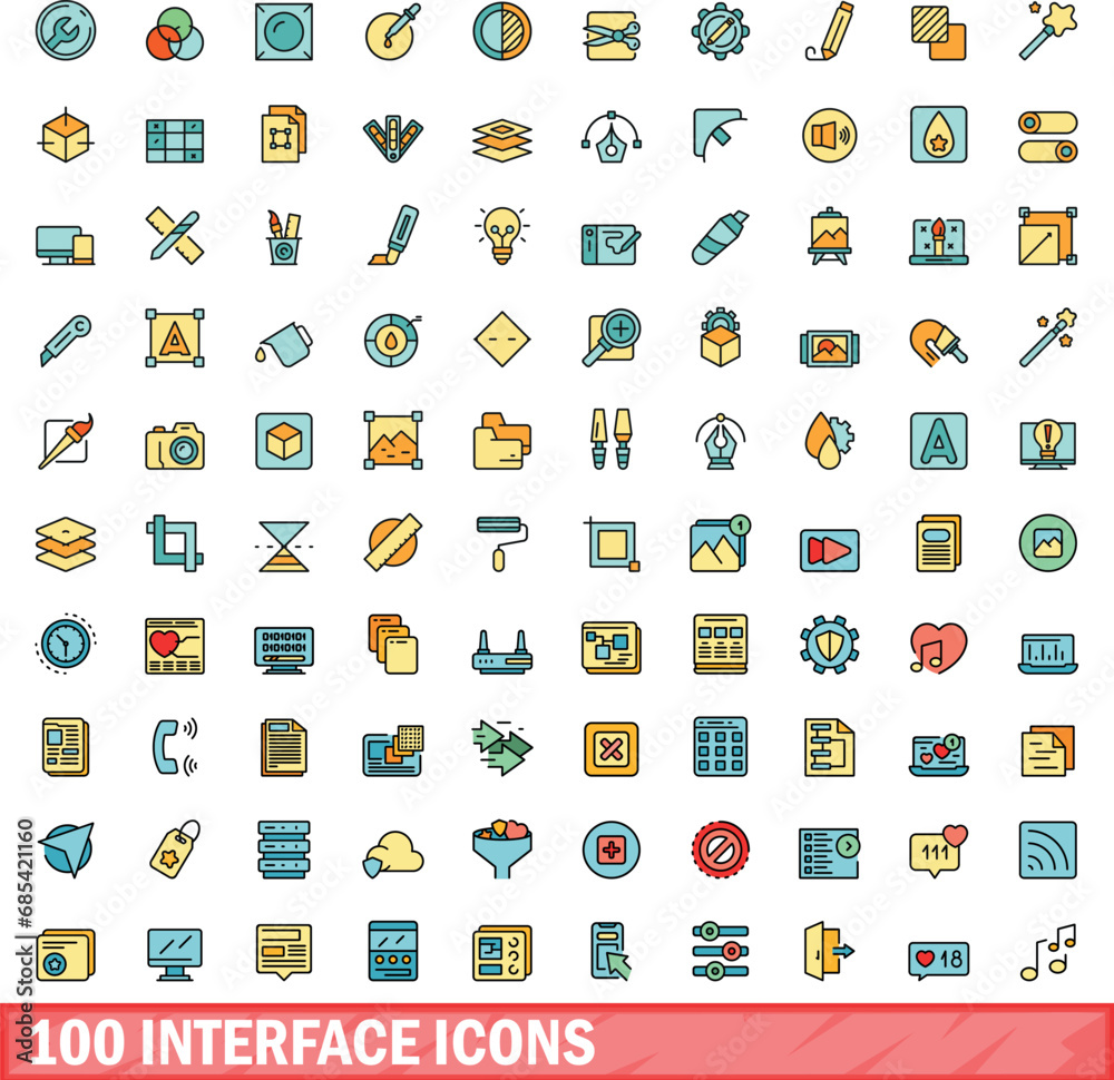 Poster 100 interface icons set. color line set of interface vector icons thin line color flat on white