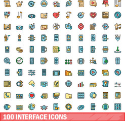 100 interface icons set. Color line set of interface vector icons thin line color flat on white