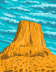 WPA poster art of Devils Tower in the Bear Lodge Ranger District of the Black Hills in Crook County, northeastern Wyoming USA done in works project administration or federal art project style.
