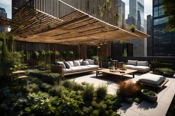 architectural rooftop design, chicago, relaxing vibe, nature, wide layout, pergola, plants and...