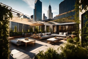 architectural rooftop design, chicago, relaxing vibe, nature, wide layout, pergola, plants and flowers - obrazy, fototapety, plakaty