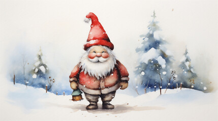 Naklejka na ściany i meble Watercolor Painting, Cute Christmas Gnome, Generative AI