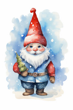 Watercolor Painting, Cute Christmas Gnome, Generative AI