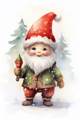 Obraz premium Watercolor Painting, Cute Christmas Gnome, Generative AI