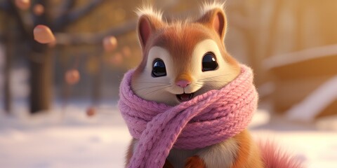 illustration of squirrel wearing pink scarf in the snow, generative AI