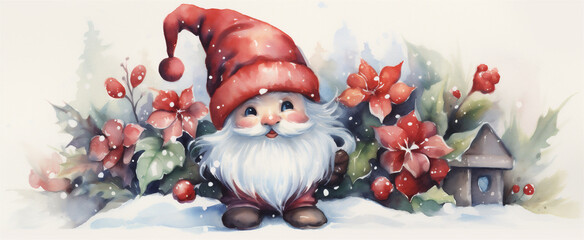 Watercolor Painting, Cute Christmas Gnome, Generative AI