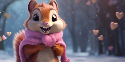 illustration of squirrel wearing pink scarf in the snow, generative AI - obrazy, fototapety, plakaty