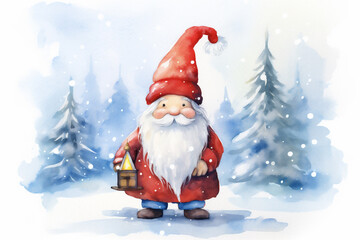 Watercolor Painting, Cute Christmas Gnome, Generative AI