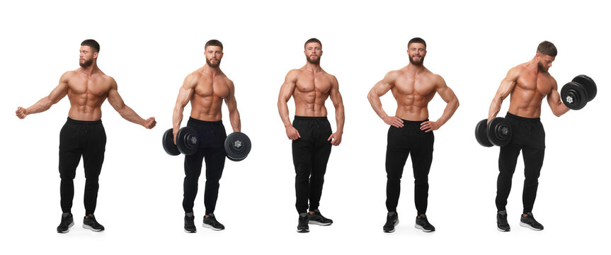 Handsome bodybuilder on white background, set of photos