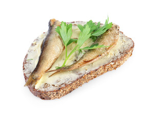 Delicious sandwich with smoked sprats and parsley isolated on white