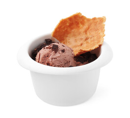 Tasty chocolate ice cream and piece of waffle cone in bowl isolated on white