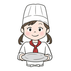 シェフ体験する女の子＆お皿（カラー）