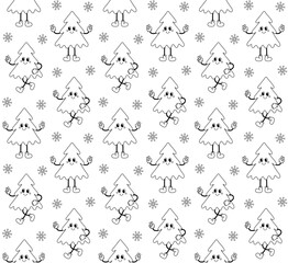 Vector seamless pattern of groovy retro cartoon Christmas tree isolated on white background